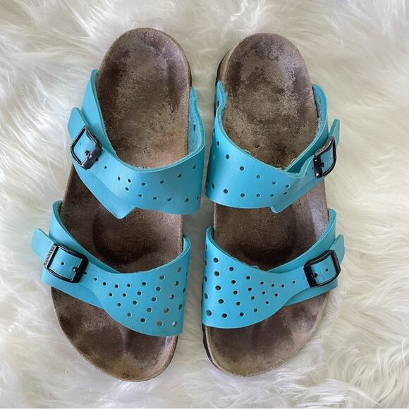 Birkis by Birkenstock | Women’s Freeport Sandal Blue Slip-On Leather Cork Narrow - Picture 9 of 9